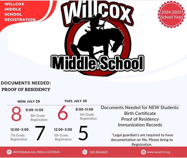 Willcox Middle School Registration flyer